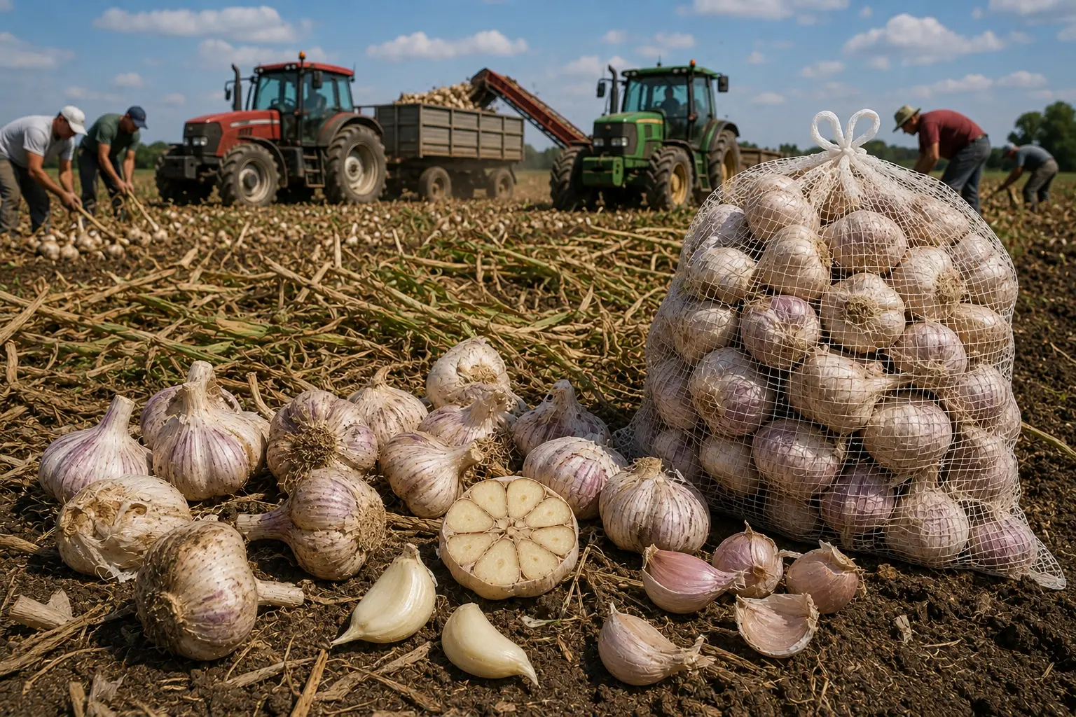 Fokhagyma betakarítása magyar termőföldön, egész fokhagymák, hálós zsák, kettévágott fej és pucolt gerezdek