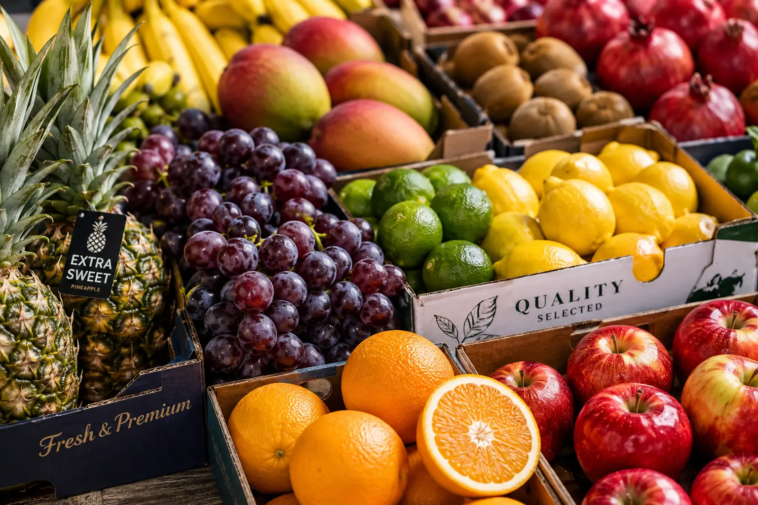 Szezonális és import gyümölcsválaszték nagykereskedelmi dobozokban